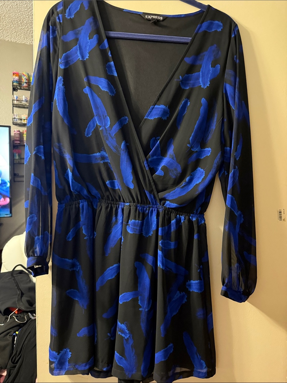 Express Black Dress with Bold Royal Blue Brushstroke Print